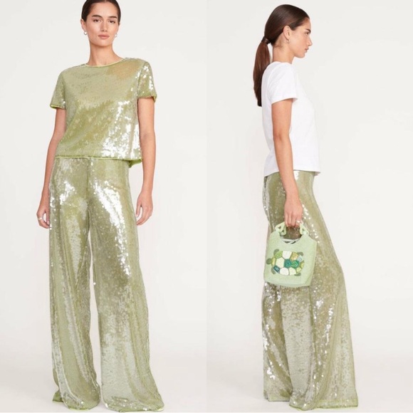 STAUD Pants - STAUD Luke Sequined Pants in Green Moss